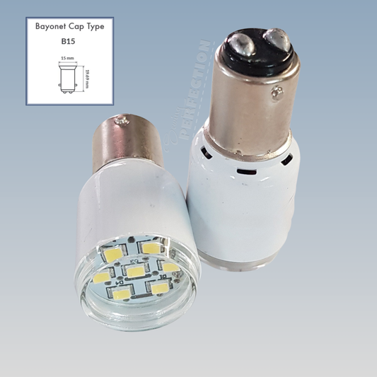 Two LED bulbs with a clear plastic cover on a light blue background, featuring Bayonet Cap Type B15 information.