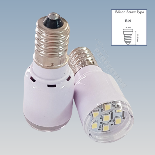 Two LED light bulbs with a clear base on a light blue background, featuring an inset diagram of Edison Screw Type E14.